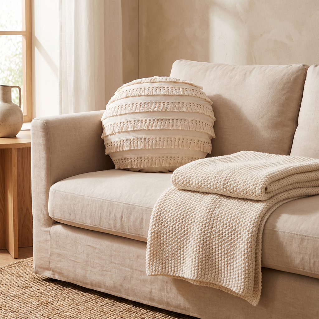 Cream round fringed cushion cover on a sofa