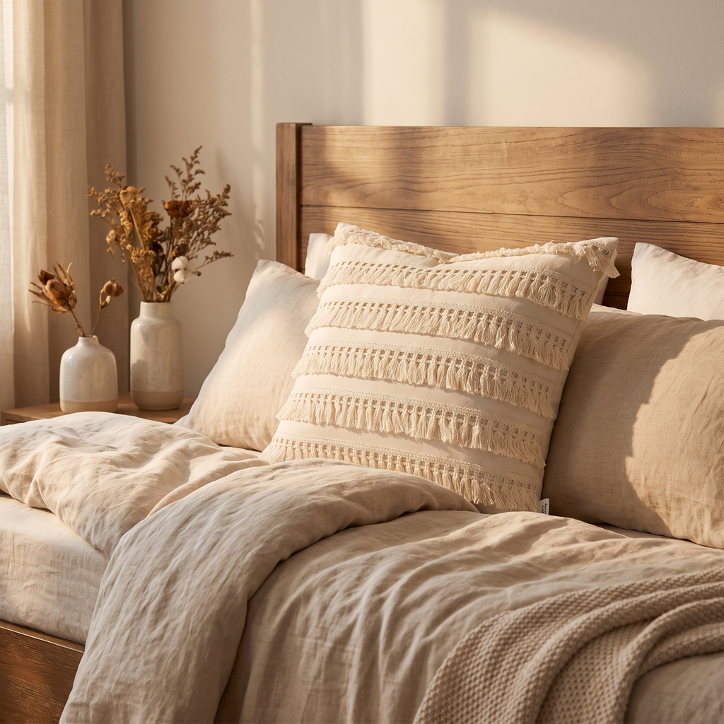 Ivory fringed-edge square cushion cover on a bed