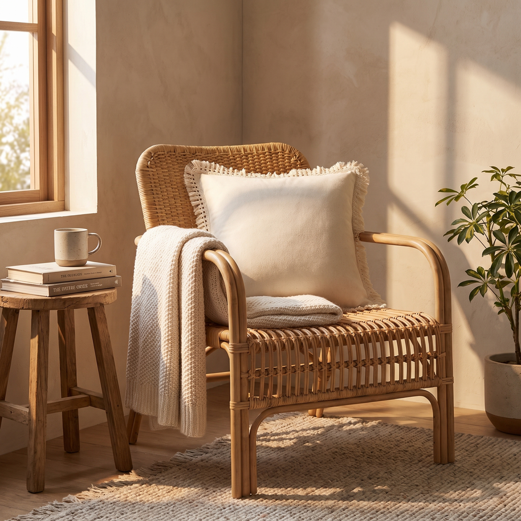 Cream fringed-edge square cushion cover (Square Side Tassel) on a rattan armchair