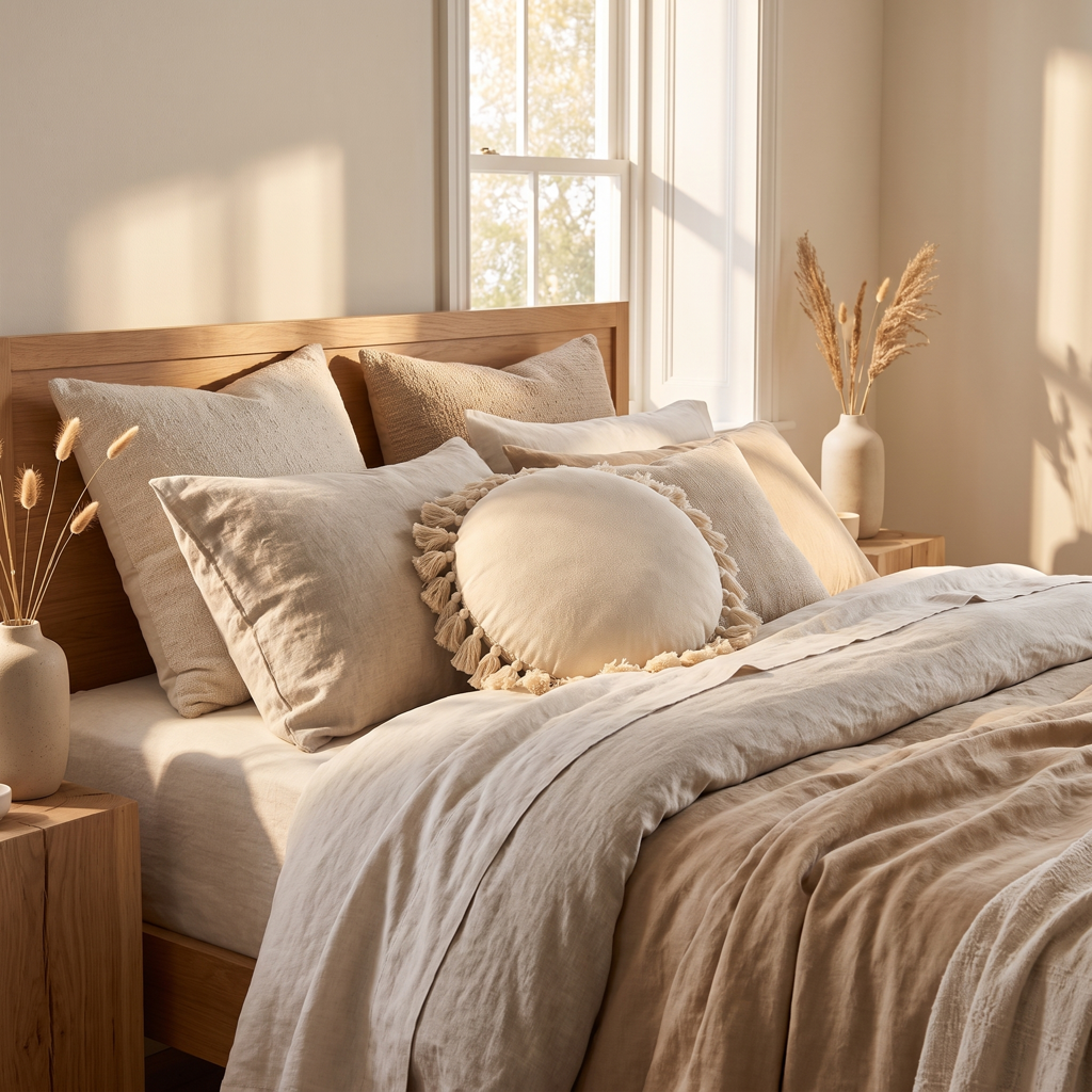 Cream round fringed cushion cover styled on a bed