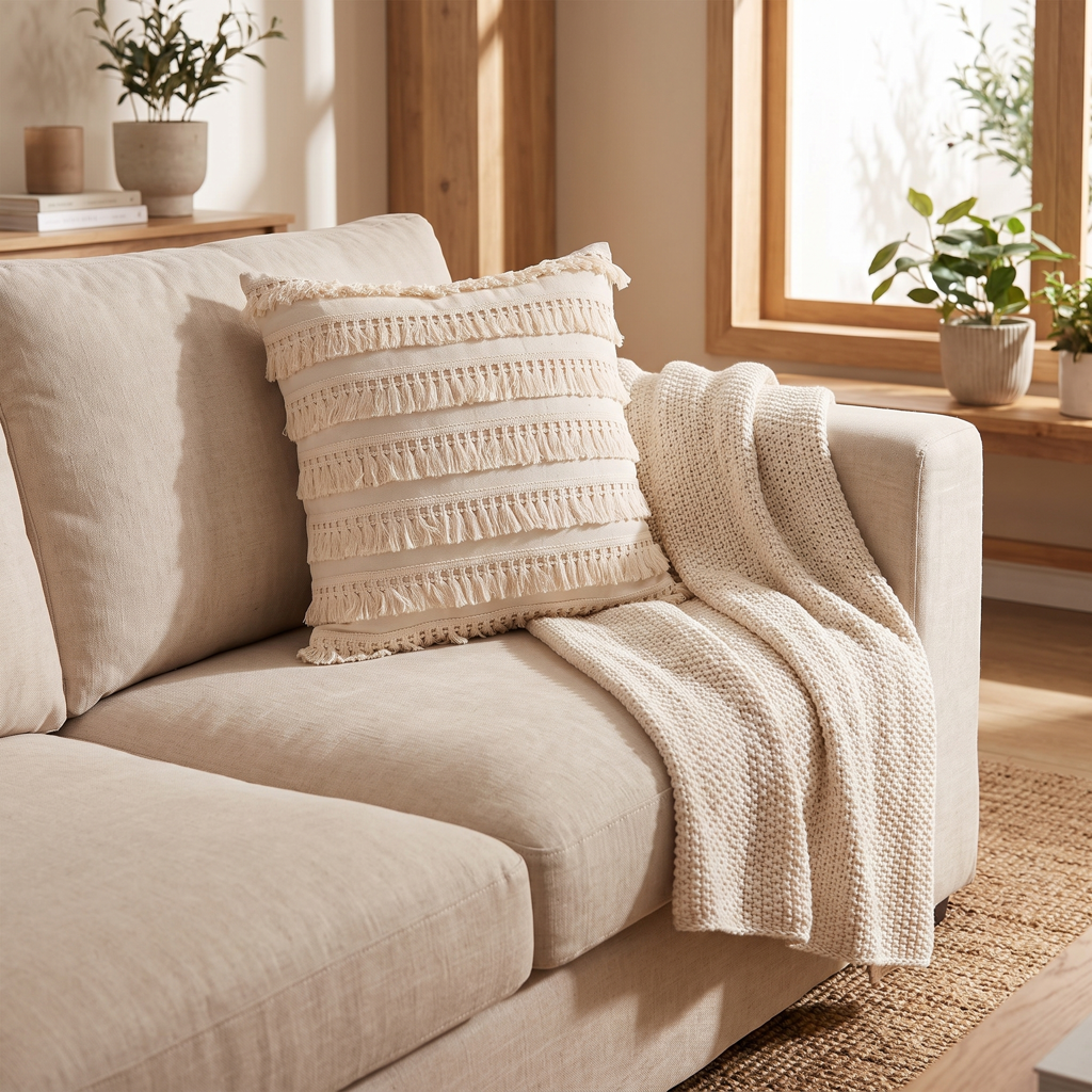 Cream fringed tassel-row square cushion cover on a living room sofa