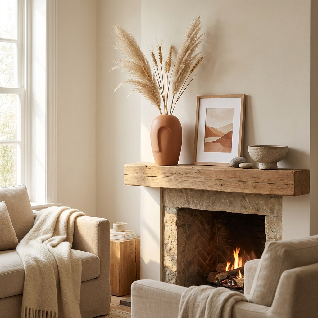 Camel mask ceramic vase styled on a warm fireplace mantel