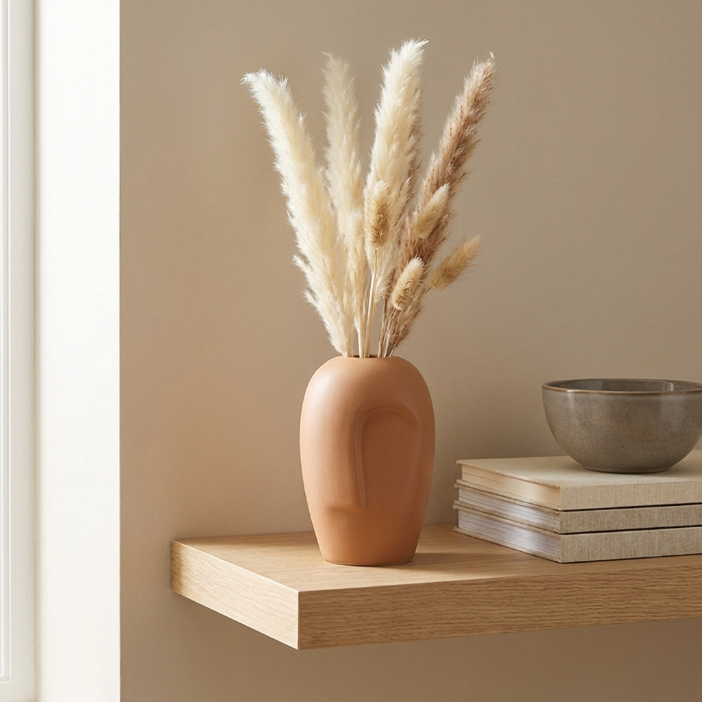 Camel mask ceramic vase with pampas grass on a light wood shelf