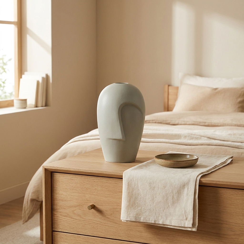 Grey-green mask vase as a sculptural object on a bedroom dresser