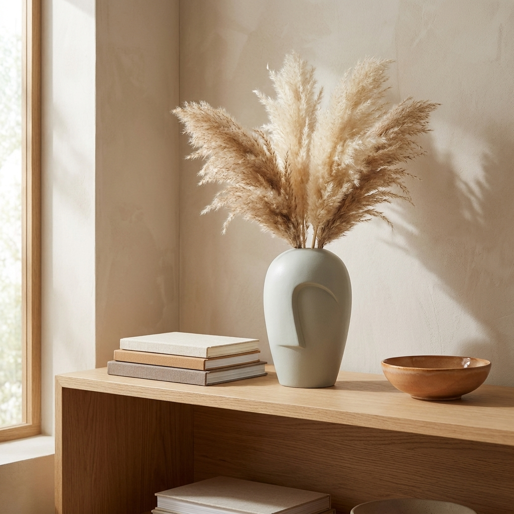 Grey-green mask ceramic vase with pampas grass on a wood shelf