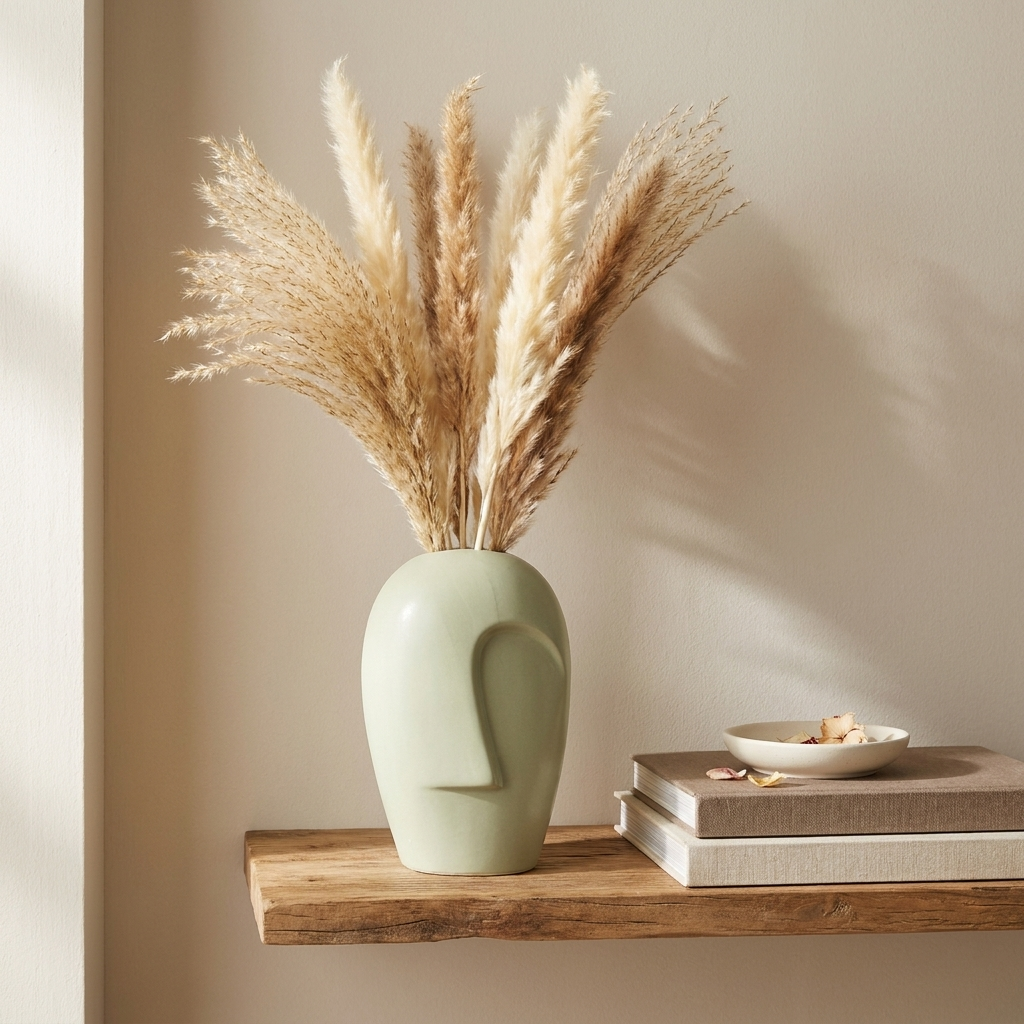 Light-green mask vase with pampas grass on a floating wood shelf