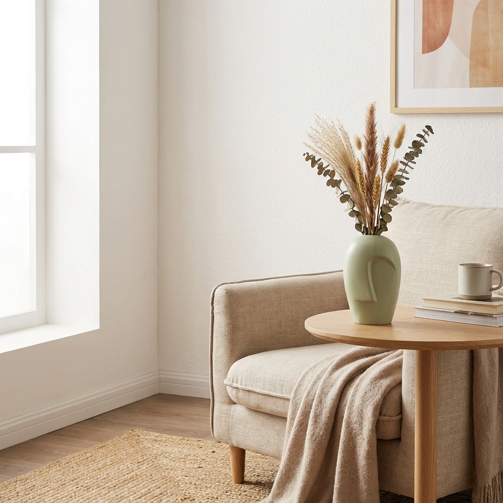 Light-green mask ceramic vase on a side table beside an armchair