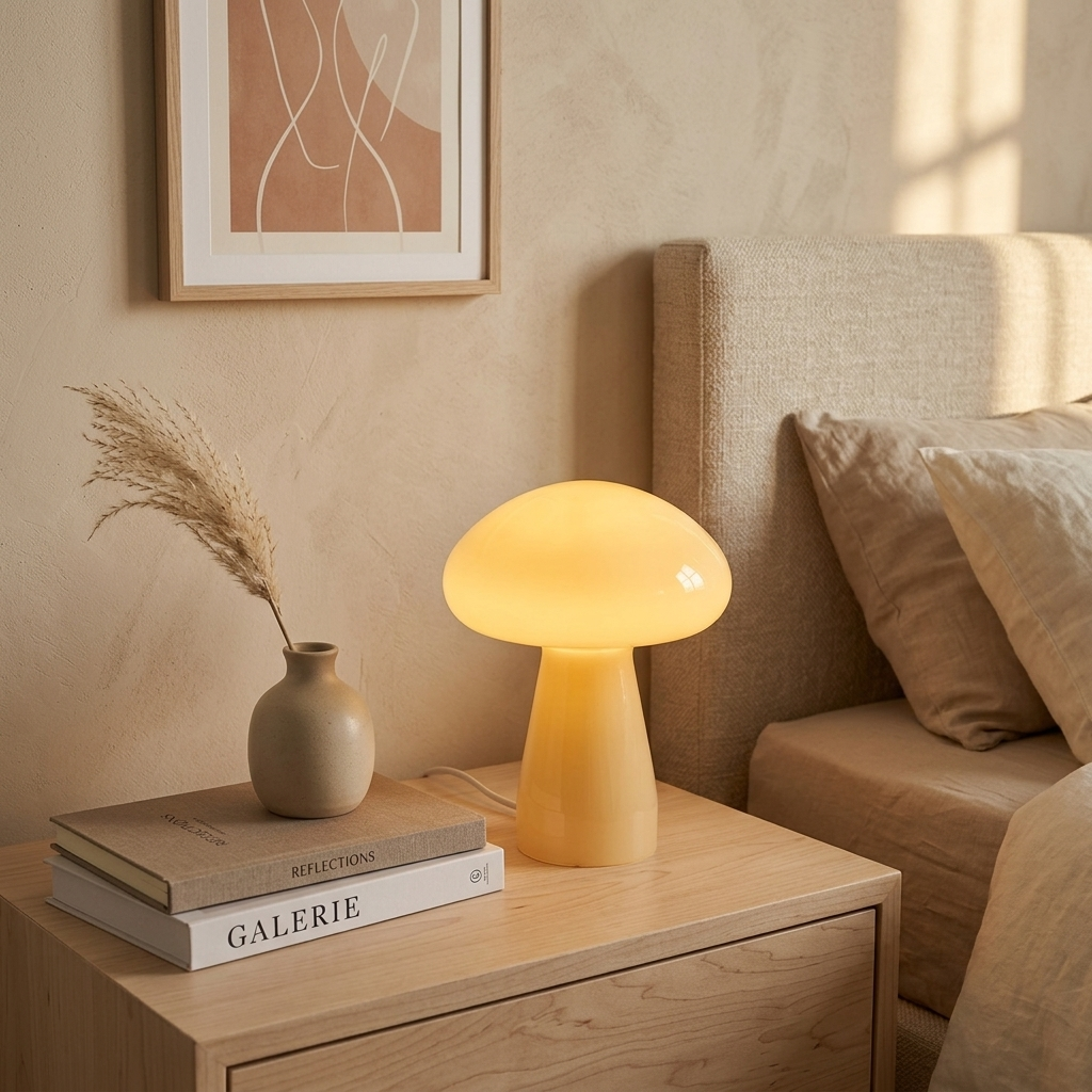 Beige glass mushroom lamp glowing on a bedside nightstand