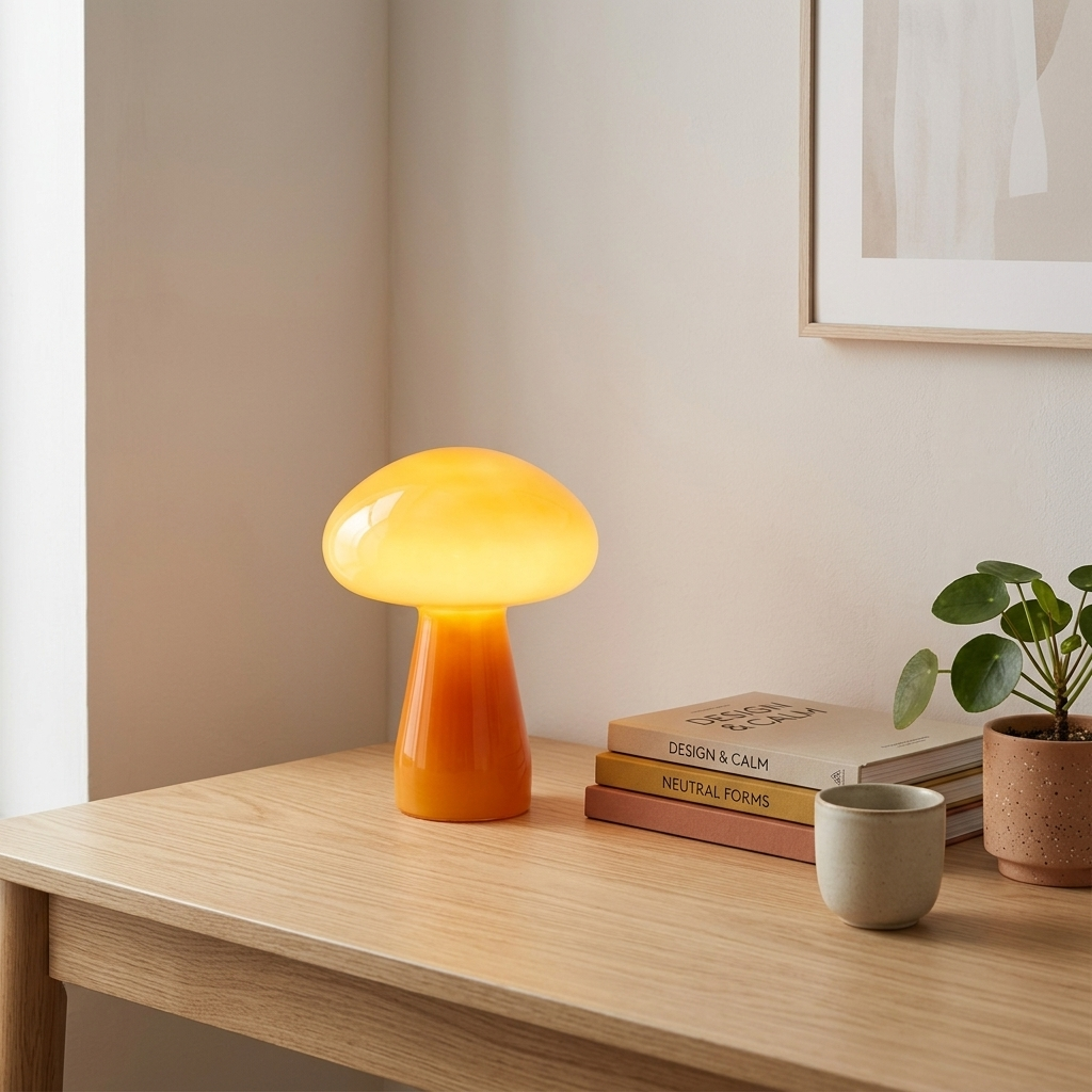 Orange glass mushroom lamp glowing on a home office desk