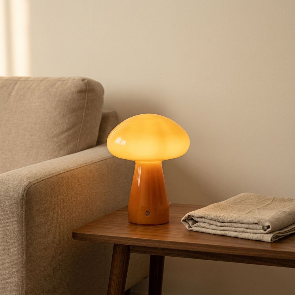 Orange glass mushroom lamp on a living room side table