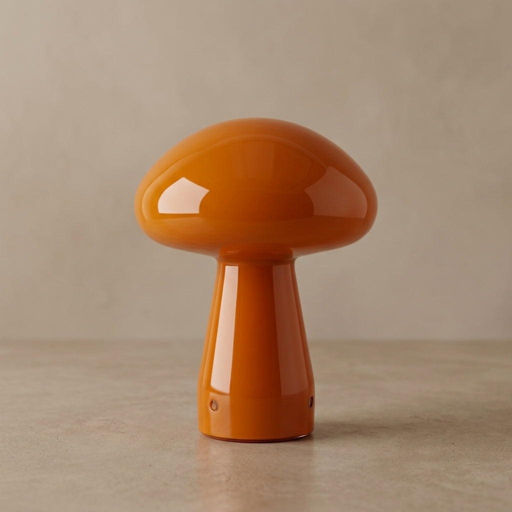 Orange glass mushroom lamp switched off, showing its uniform solid orange colour