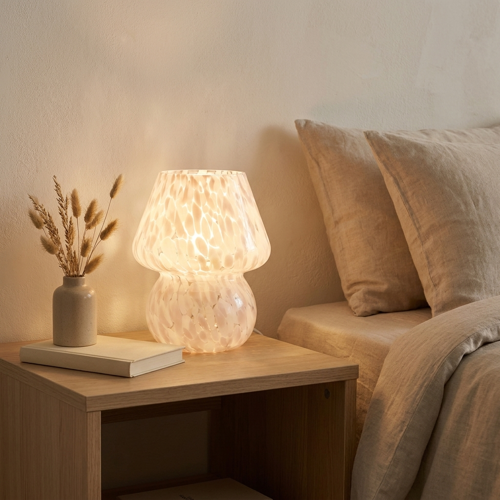 Glass mushroom lamp glowing on a wood bedside nightstand