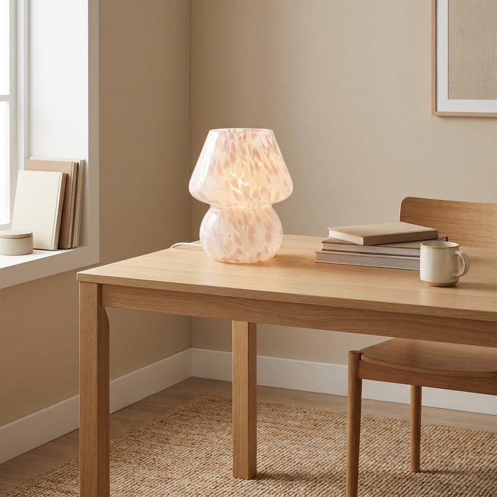 Glass mushroom lamp glowing on a light-wood home office desk