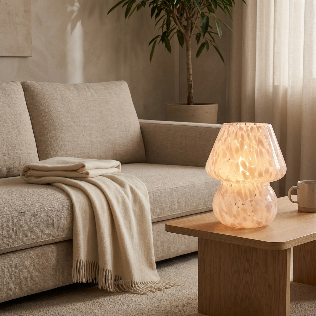 Glass mushroom lamp on a wood side table beside a linen sofa