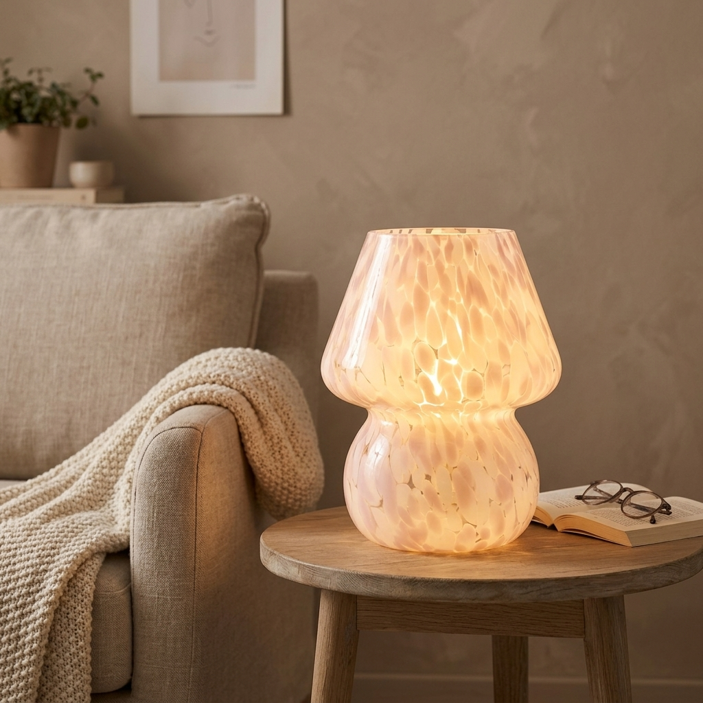 Glass mushroom lamp glowing beside a cozy reading armchair