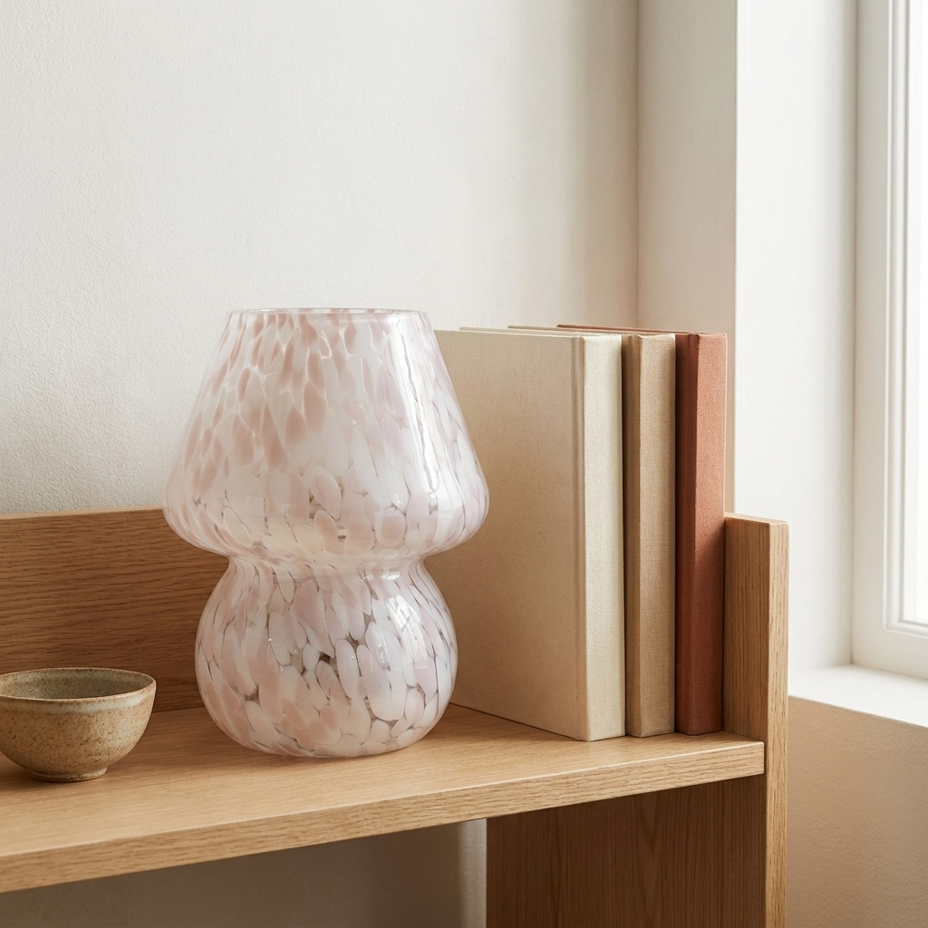 Glass mushroom lamp styled as decor on an open oak shelf