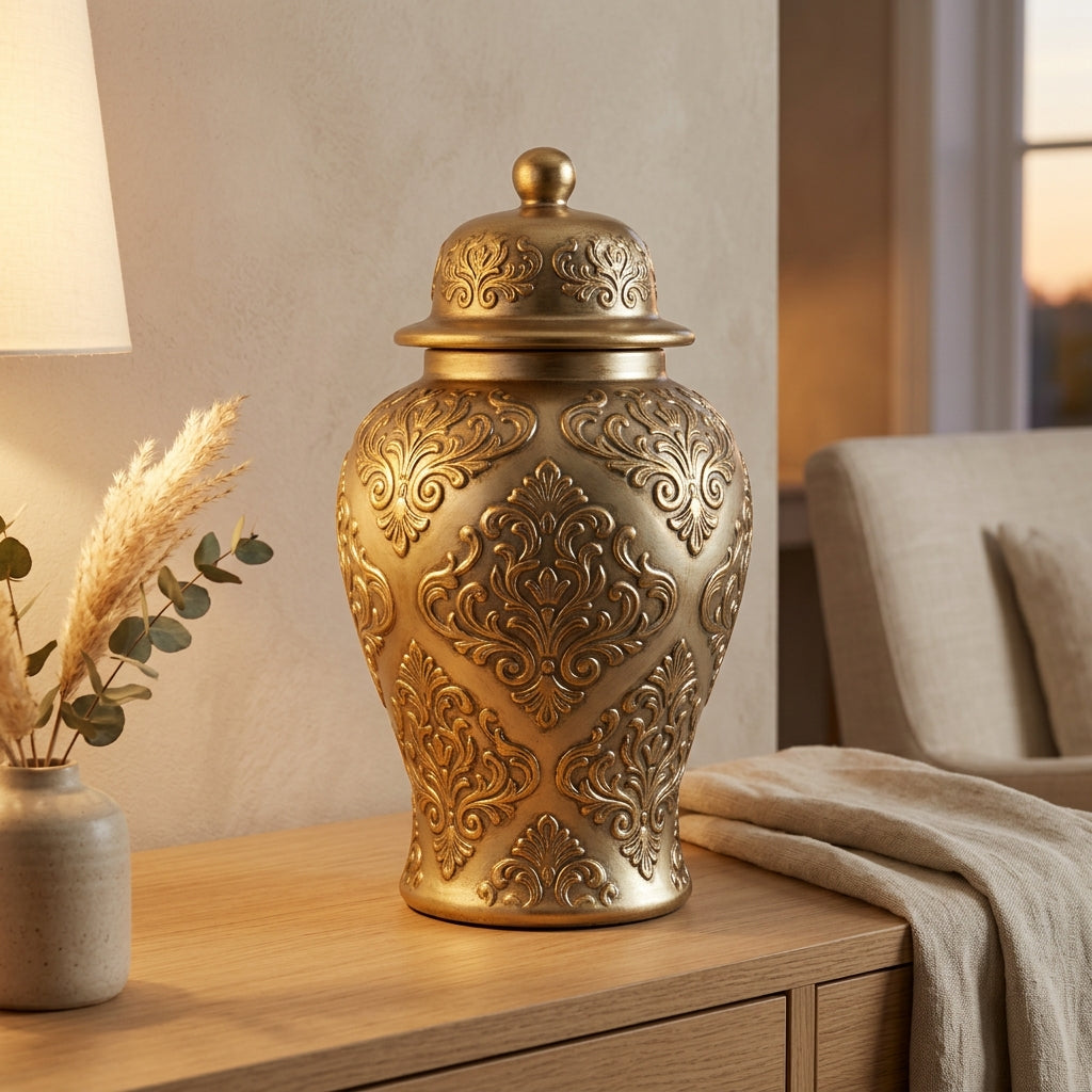 Close-up of the embossed scrollwork relief on the gold-tone ginger jar vase