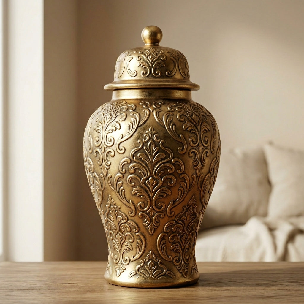 gold-tone ginger jar vase with its domed lid removed showing the open vase mouth