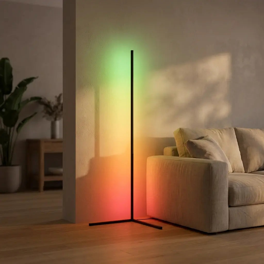 60-inch RGB LED corner floor lamp — at dusk in minimalist living room