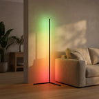 60-inch RGB LED corner floor lamp — at dusk in minimalist living room