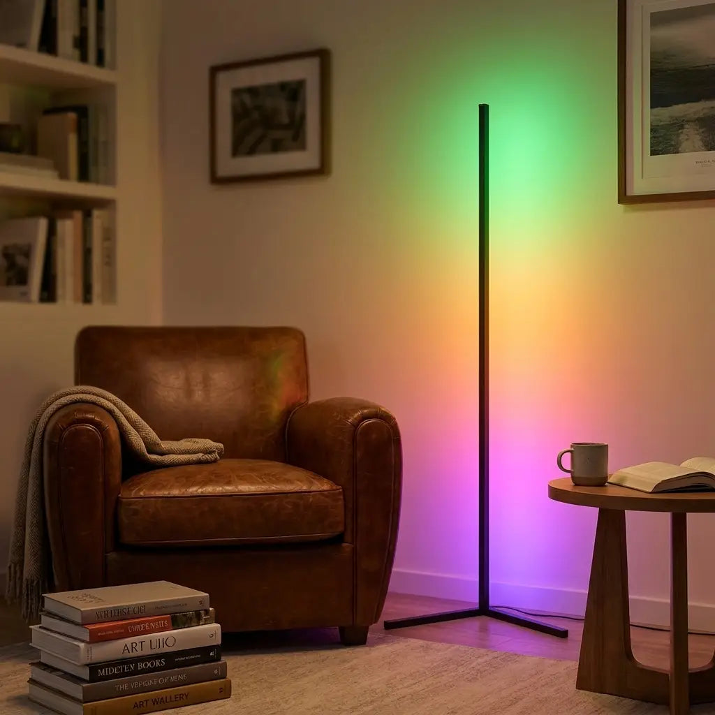 60-inch RGB LED corner floor lamp — in a cozy reading nook