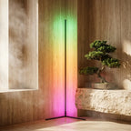 60-inch RGB LED corner floor lamp — in a spa-like bathroom corner