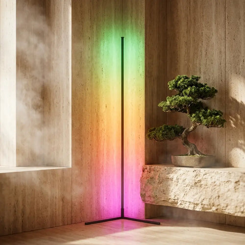 60-inch RGB LED corner floor lamp — in a spa-like bathroom corner