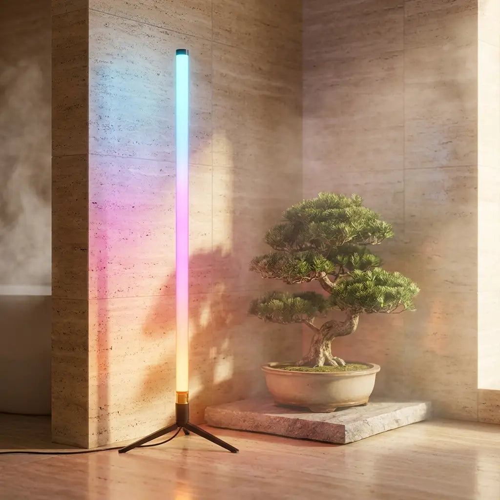 120cm RGB LED floor lamp bar — in a spa-like bathroom corner