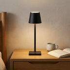 Cordless LED touch table lamp — on solid oak nightstand