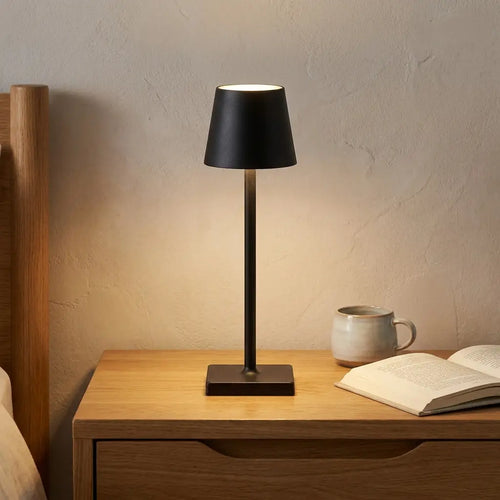 Cordless LED touch table lamp — on solid oak nightstand