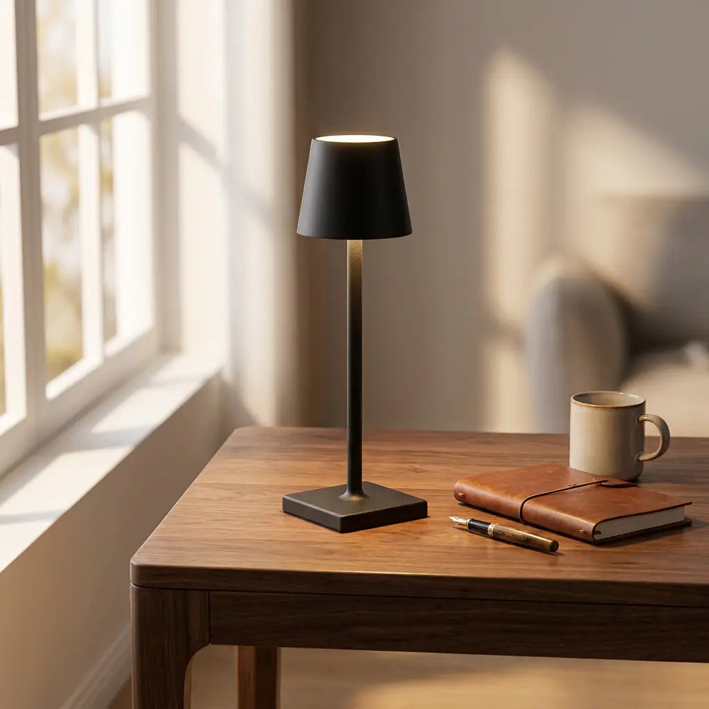Cordless LED touch table lamp — on minimal walnut desk