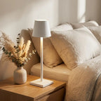 Cordless LED touch table lamp — on bedroom nightstand morning light