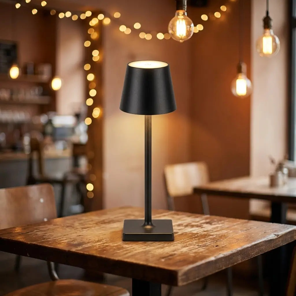 Cordless LED touch table lamp — in a cozy cafe corner ambient light