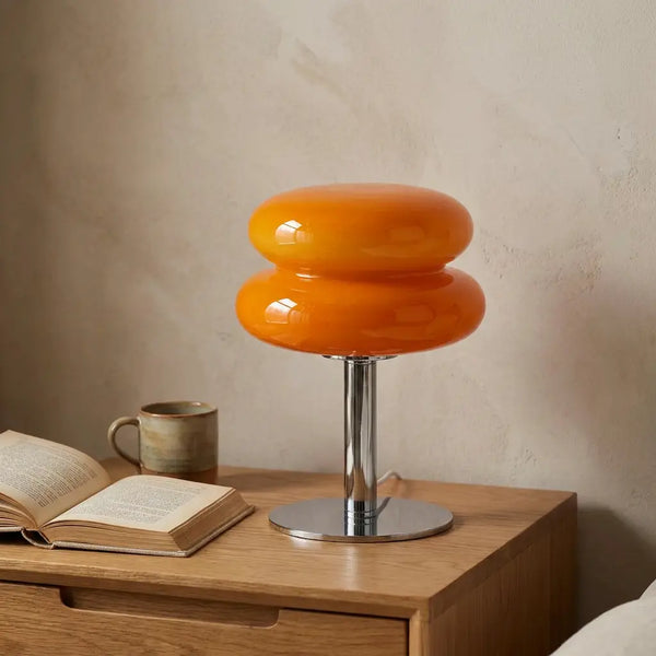 Pastel macaron glass table lamp — on solid oak nightstand
