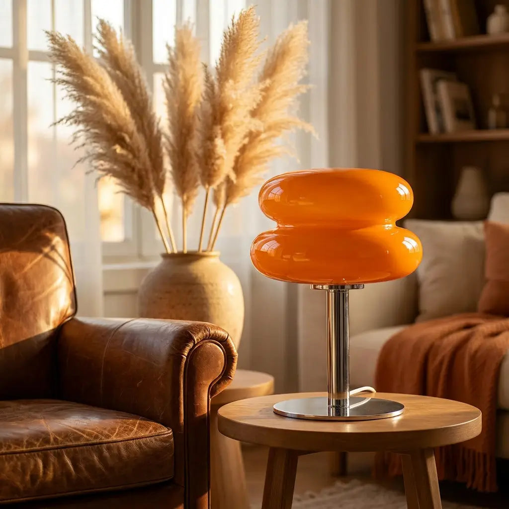 Pastel macaron glass table lamp — on side table evening living room