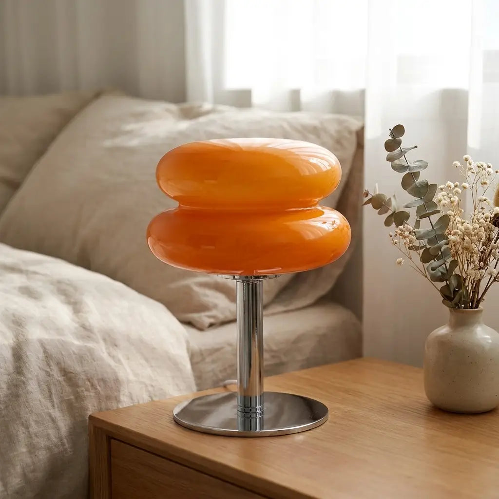 Pastel macaron glass table lamp — on bedroom nightstand morning light