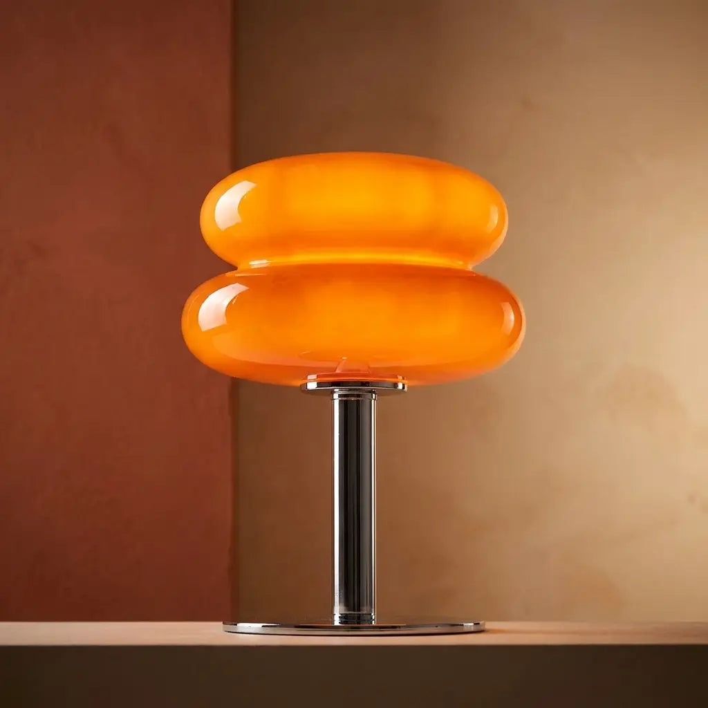 Pastel macaron glass table lamp — dramatic low-angle hero shot