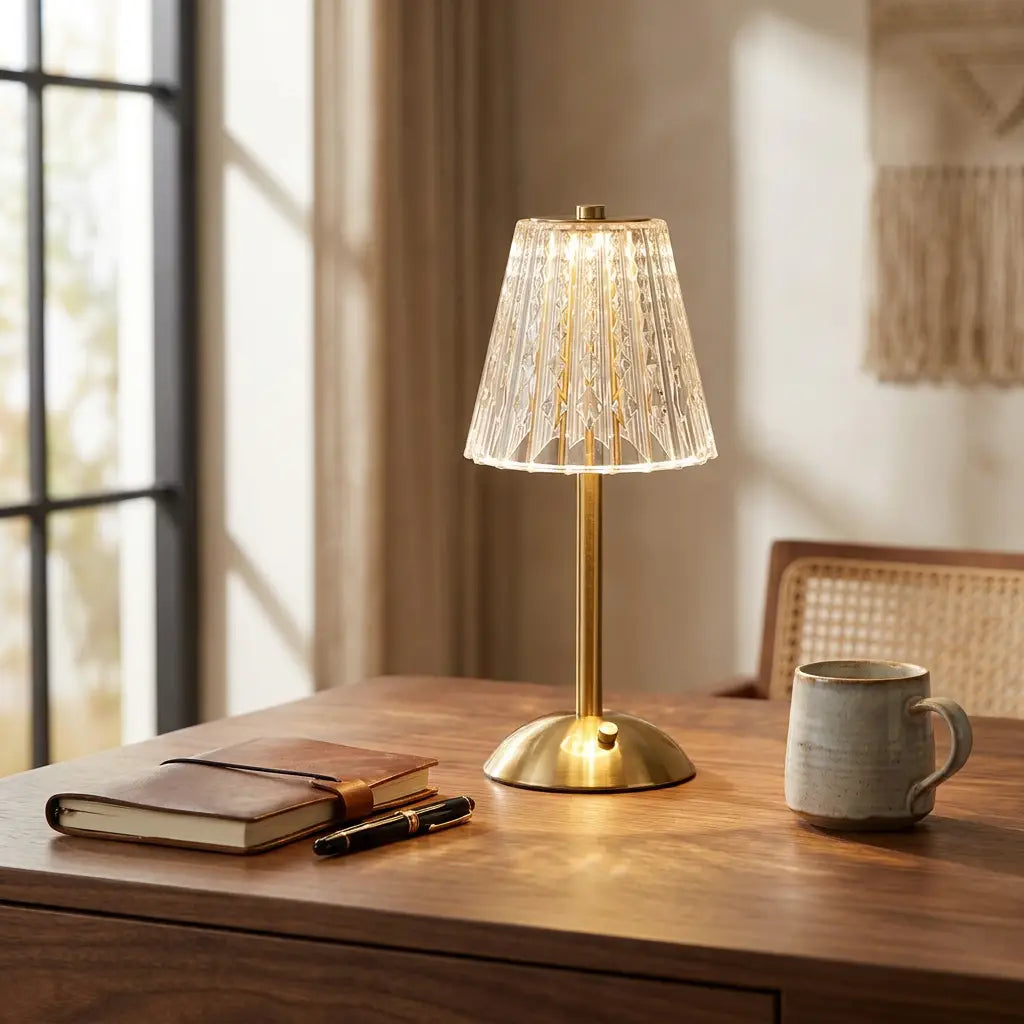 Crystal LED table lamp — on minimal walnut desk