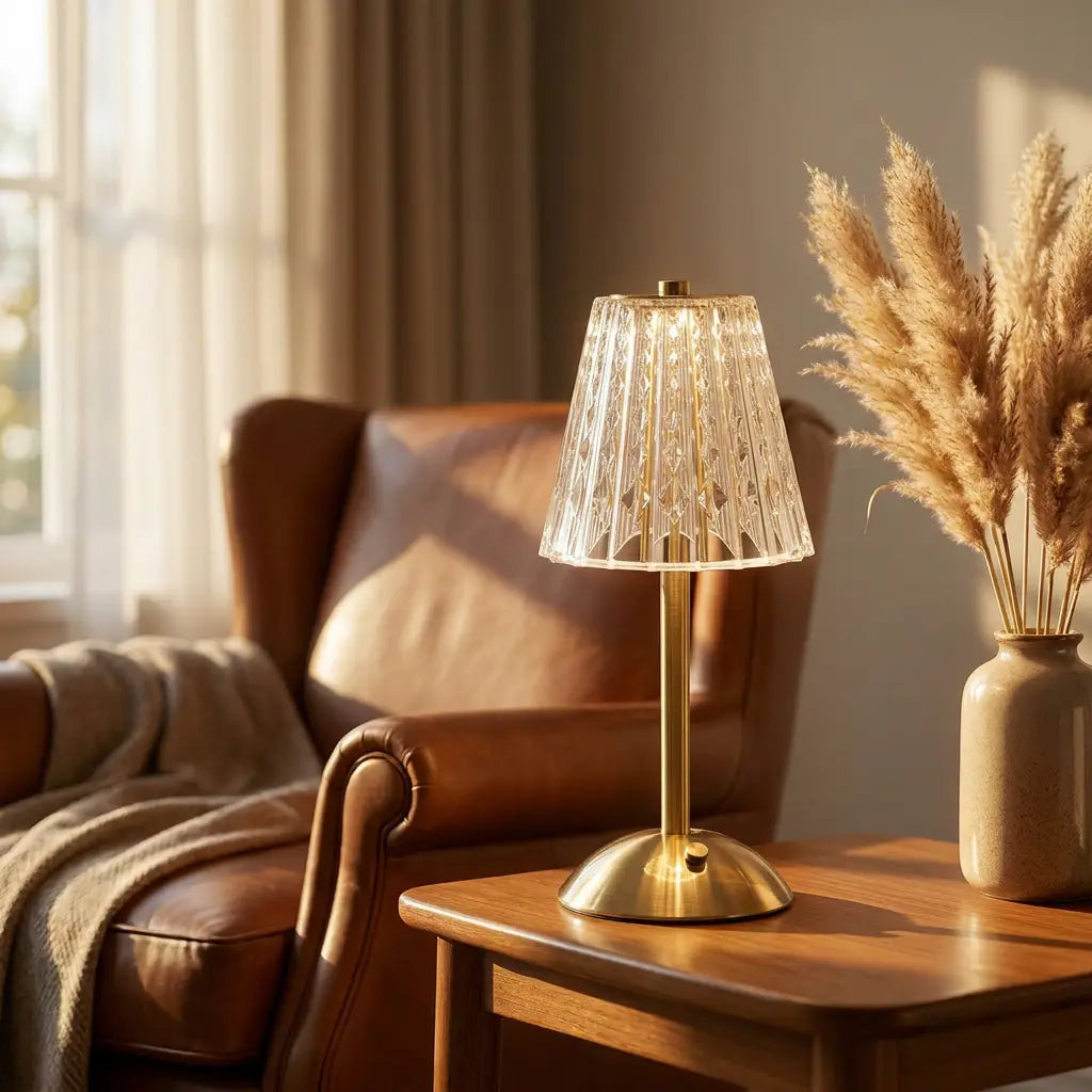 Crystal LED table lamp — on side table evening living room