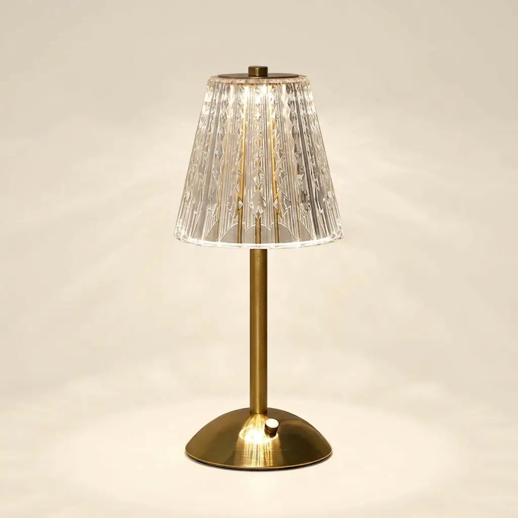 Crystal LED table lamp — on warm cream studio backdrop