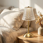 Crystal LED table lamp — on bedroom nightstand morning light