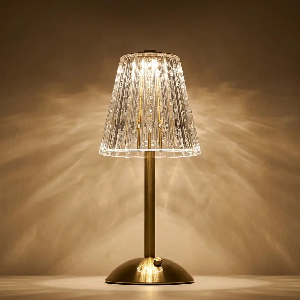 Crystal LED table lamp — dramatic low-angle hero shot