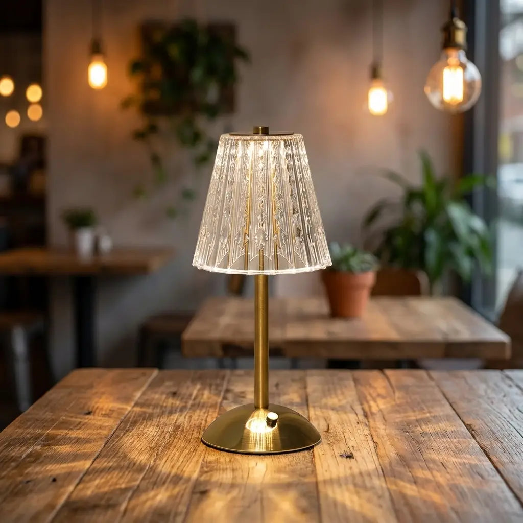 Crystal LED table lamp — in a cozy cafe corner ambient light