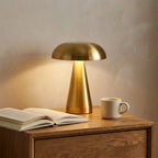 Retro mushroom table lamp — on solid oak nightstand
