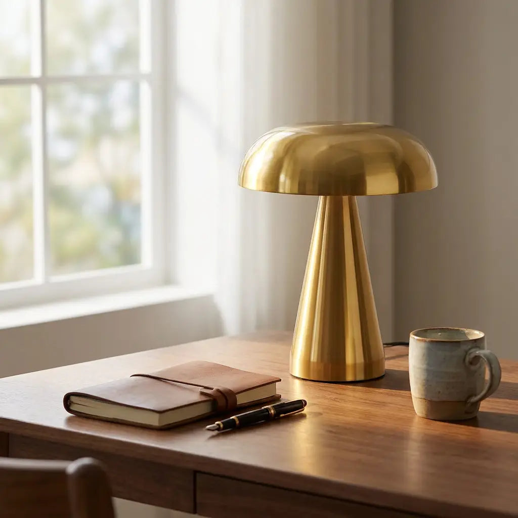 Retro mushroom table lamp — on minimal walnut desk