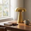 Retro mushroom table lamp — on minimal walnut desk
