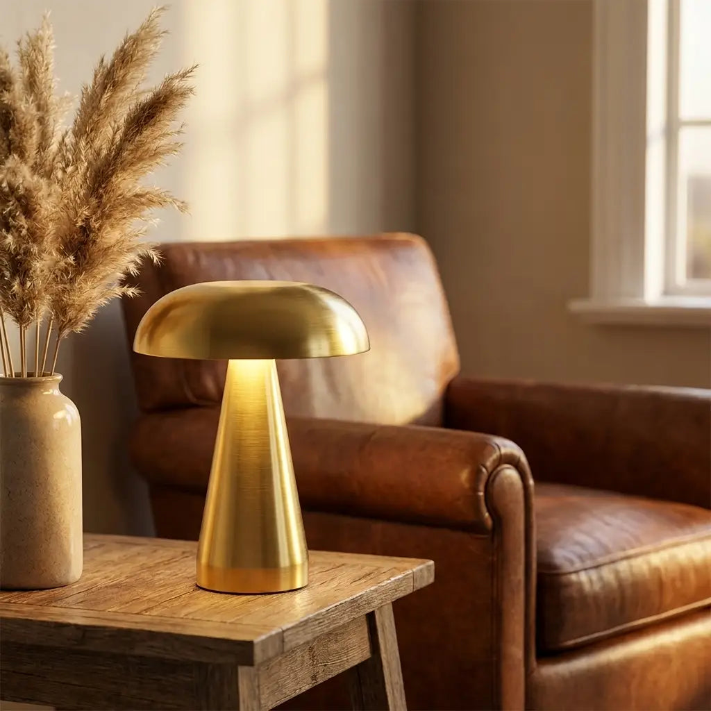 Retro mushroom table lamp — on side table evening living room