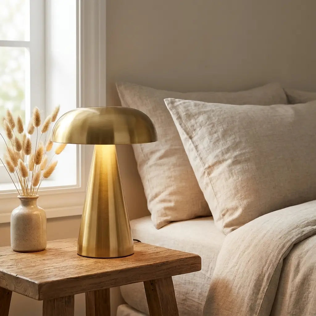 Retro mushroom table lamp — on bedroom nightstand morning light