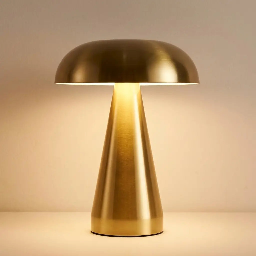 Retro mushroom table lamp — dramatic low-angle hero shot