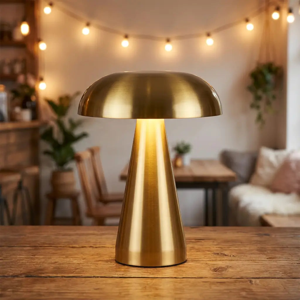 Retro mushroom table lamp — in a cozy cafe corner ambient light